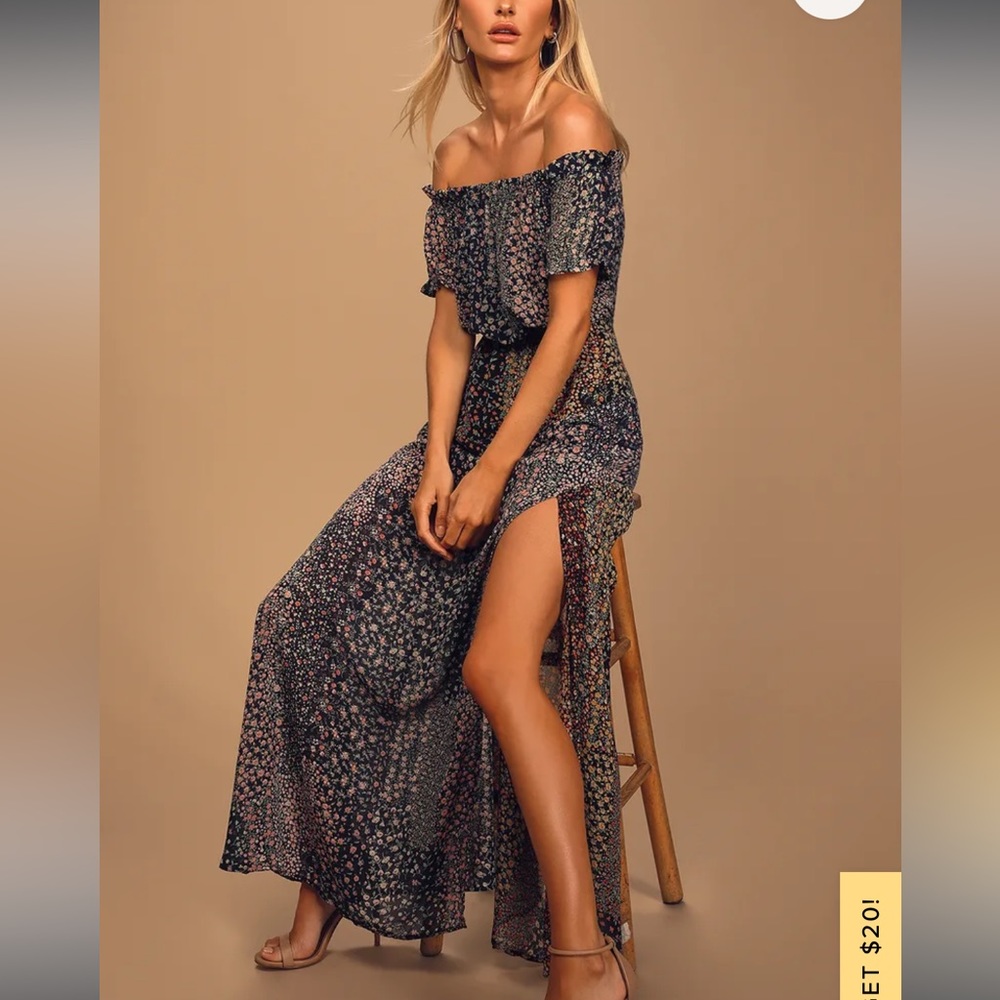 Lulus Neva Navy Blue Floral Print Off-the-Shoulder Maxi Dress, Small